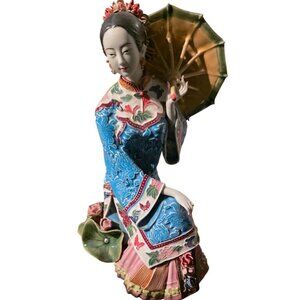Chinese Wucai Porcelain Pottery Ceramic Lady Women With Umbrella Ornate 10"